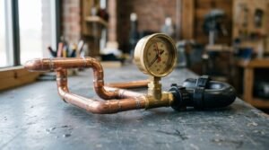 Brass water pressure gauge mounted on a soldered copper pipe assembly connected to a black ABS drain P-trap on a workshop workbench