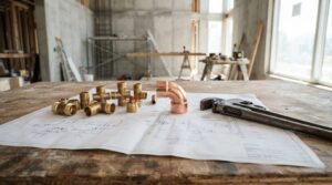 Assorted threaded brass fittings, a copper elbow joint, and a pipe wrench resting on an unrolled plumbing blueprint on a workbench inside a building under construction