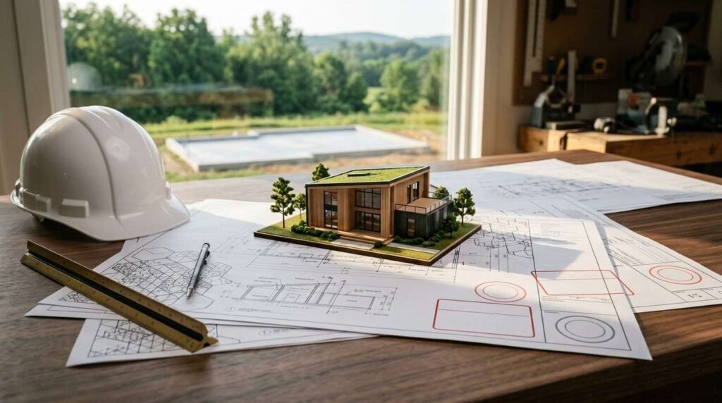 A miniature architectural scale model of a modern green-roof cabin resting on detailed blueprint floor plans beside a white hard hat and scale ruler, with an active home build site visible through the window
