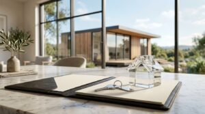 A clear glass miniature house paperweight, house keys, and a leather document folder on a marble table overlooking a modern timber prefab home through large glass doors