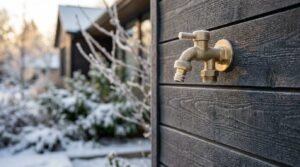 A frost-covered brass outdoor spigot mounted on dark charred wood siding with a snow-covered winter landscape in the background