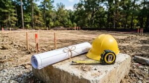 A rolled architectural blueprint tied with twine, a yellow hard hat, and an open tape measure resting on a concrete footing at an excavated residential construction site