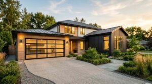 Modern renovated two-story home featuring a full-view frosted glass and black aluminum garage door, natural cedar horizontal cladding, matte black standing seam metal roof, black vertical board-and-batten siding, and an exposed aggregate curved driveway with native drought-tolerant landscaping at sunset