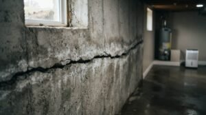A wide, severe horizontal crack running along a concrete basement foundation wall beneath a window, indicating lateral soil pressure and structural damage