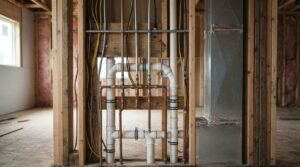 Exposed wall cavity showing rough-in copper manifold pipes with shutoff valves, white PVC drainage pipes, yellow electrical wiring, and sheet metal HVAC ductwork inside wood stud framing