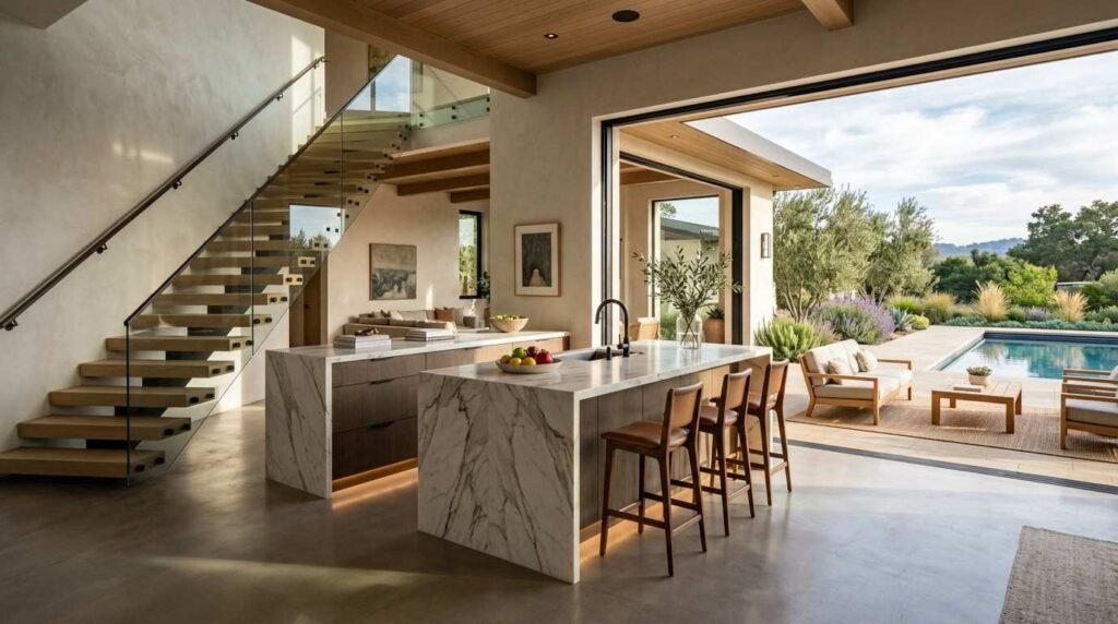 Modern open-concept kitchen and living area featuring marble waterfall islands, leather barstools, a floating staircase, and sliding glass doors opening to a backyard pool patio