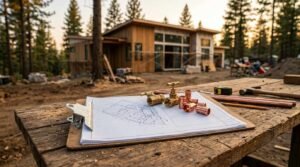 Site plan on a clipboard, copper plumbing fittings, brass valves, and hand tools resting on a rustic wooden worktable at an active home construction site in the woods