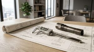A digital vernier caliper, high-powered inspection flashlight, and rolled building schematics resting on structural foundation plan blueprints on an office table