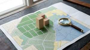 Three wooden massing blocks representing building scale models and a brass magnifying glass resting on a colorful zoning and parcel map