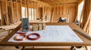 Digital multimeter, brass circuit breakers, coils of electrical wire, and an architectural electrical blueprint arranged on a drafting table inside a house under construction