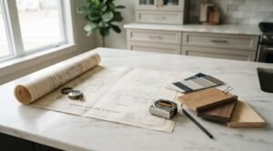 Architectural residential renovation blueprint unrolled on a white marble countertop with a brass compass, tape measure, paint swatches, and wood finish samples