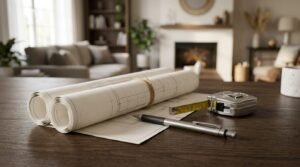 Rolled architectural blueprints tied with string, a metallic tape measure, and a pen set on a dark wood table with a modern living room in the background
