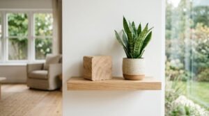 Natural oak floating shelf with a potted snake plant in a speckled ceramic planter and a rustic wooden cube sculpture on a white wall
