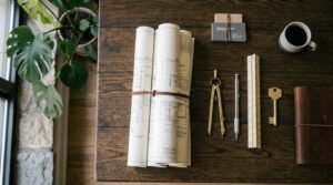 A top-down view of rolled architectural blueprints tied with a leather cord alongside a brass drafting compass, mechanical pencil, scale ruler, brass key, leather notebook, and coffee mug on a dark wood table