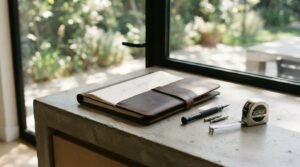 A leather-bound architectural notebook with building sketches resting on a concrete countertop next to a precision screwdriver, interchangeable bits, and a metal tape measure by a sunny window