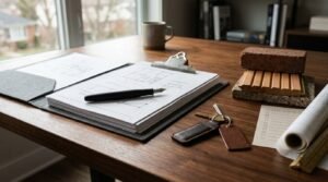 Architectural blueprints on a clipboard with a fountain pen, house keys with leather fobs, material samples of brick and wood, and rolled plans on a wooden desk