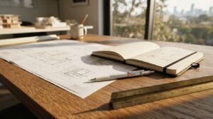 Architectural blueprints, open notebook, silver drafting pencil, and brass scale ruler on an oak desk in a sunlit high-rise office overlooking a city skyline
