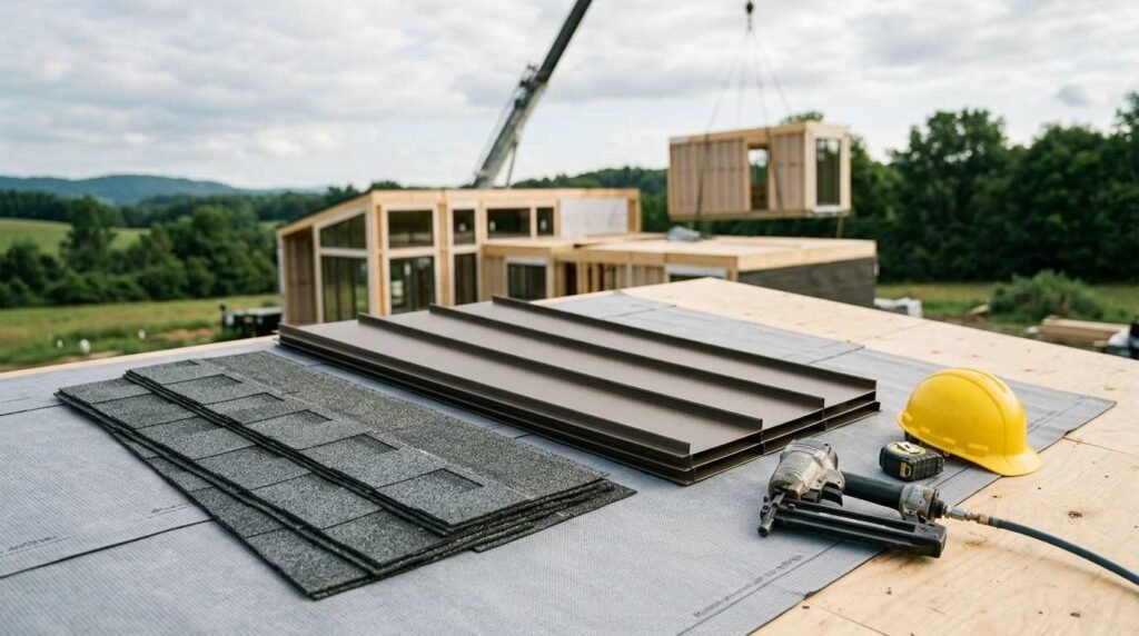 A rooftop construction staging area featuring stacks of asphalt shingles, bronze standing seam metal panels, a pneumatic nail gun, and a yellow hard hat, with a crane hoisting a modular prefab home unit in the background