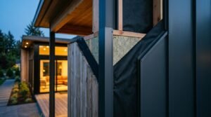 Exterior wall cutaway detail showing vertical wood siding, mineral wool insulation, black weather-resistive barrier, corner metal flashing, and dark standing seam metal cladding on a modern home