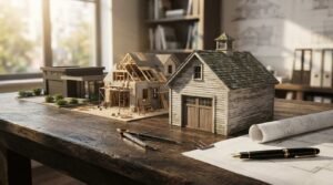 Three architectural scale models showing different styles—a modern flat-roof ADU, a house under construction, and a rustic wooden garage—arranged on a dark wooden table beside blueprints, a fountain pen, and a drafting compass