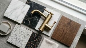 A curated flat-lay mood board of interior design material samples featuring marble and terrazzo tiles, dark oak wood veneer, and a brushed brass bathroom faucet