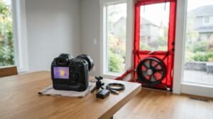Thermal imaging camera on a wooden table alongside a mini tripod and cable, set up during a home energy audit with a blower door fan in the background