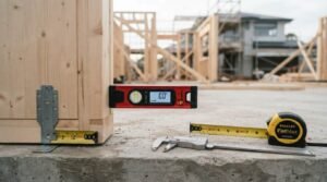 Precision construction measuring tools including a digital torpedo level showing 0.0 degrees, a tape measure, and digital calipers on a concrete slab next to a framed timber wall
