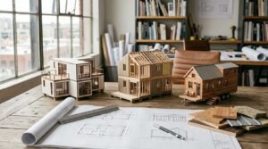 Three architectural scale models of modern modular, framed, and tiny homes arranged on a wooden desk with blueprints, scale ruler, pen, and building material samples