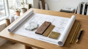 Unrolled architectural floor plan on a wooden desk featuring material samples—a hexagonal marble tile, dark wood swatch, fluted brass panel, and solid brass tile—alongside a scale ruler and pen