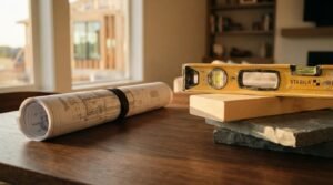 Rolled architectural blueprints bound with a strap next to a yellow Stabila spirit level resting on wood and stone samples on a wooden table