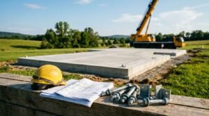 A yellow hard hat, site blueprints, heavy-duty anchor bolts, and steel brackets on timber beams overlooking a poured concrete slab foundation and a mobile crane in a rural field