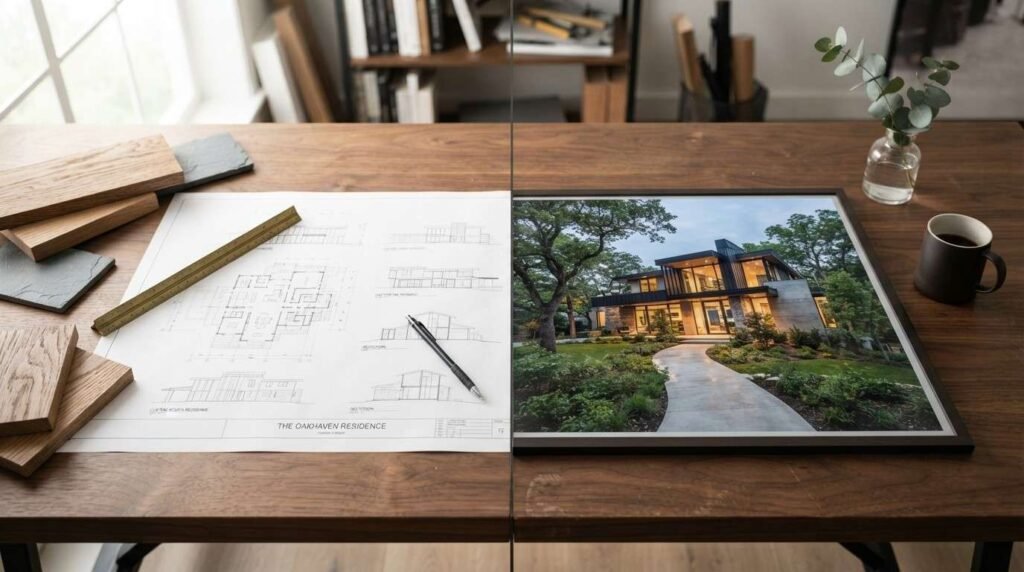 Split-screen view showing architectural blueprints with wood and stone samples on the left transitioning into a framed photograph of the completed modern luxury home on the right