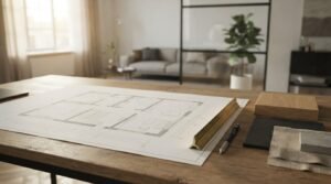 Architectural floor plan drawing, brass scale ruler, mechanical pencil, wood swatch, black tile, fabric swatch, and concrete sample on an oak desk