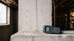 A digital pin-type moisture meter resting on a concrete ledge beside a fine vertical hairline crack on an unfinished poured concrete basement foundation wall