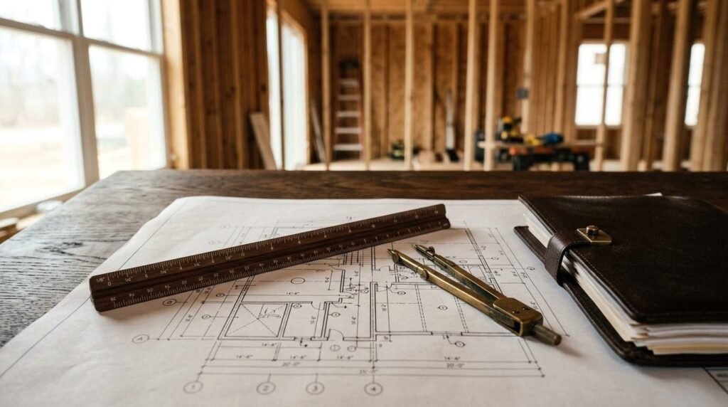 Architectural floor plan blueprint on a wooden desk with a triangular scale ruler, brass drafting compass, and leather notebook inside a framed timber house under construction