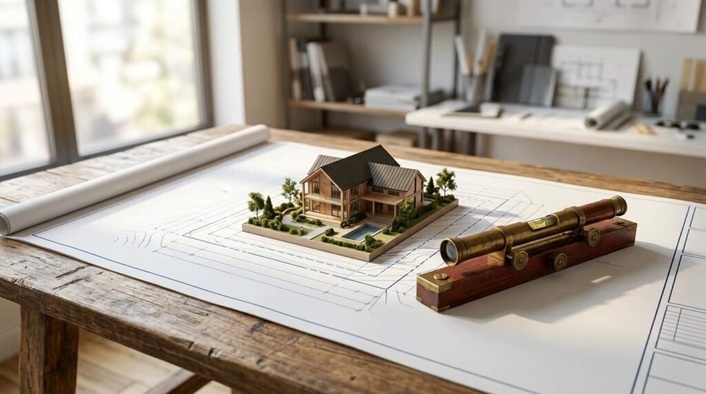 Detailed architectural scale model of a modern wooden house with pool landscaping resting on a large blueprint alongside a vintage brass surveying level on a rustic workbench