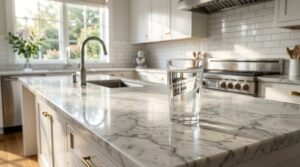 A clear glass of water sitting on a white Carrara marble island countertop in a bright, modern kitchen with white shaker cabinets and a stainless steel range