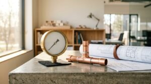 A vintage brass dial gauge, a copper tee pipe fitting, and rolled modular home blueprints on a concrete desk in an architectural design office