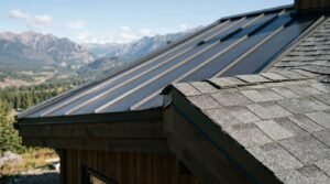 A modern mountain cabin roof design showing a combination of dark standing-seam metal roofing and textured asphalt shingles against a scenic alpine landscape