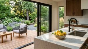 A modern indoor-outdoor kitchen featuring a white marble waterfall quartz island with a bowl of lemons and matte black faucet, opening through sliding glass doors onto a wood deck with patio chairs and a lush garden