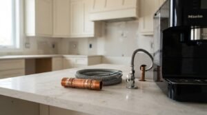 Plumbing fittings, copper pipe nipple, flexible electrical conduit, and a shut-off valve installed on a quartz kitchen island during an appliance and coffee maker installation