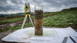 Glass soil core sample showing clay, sand, and gravel layers standing on a geotechnical survey site map with a surveying total station on a tripod in the background