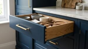 Open navy blue kitchen cabinet drawer revealing solid oak dovetail joint construction, brass hardware, and organized wooden utensils