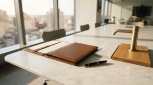 Open leather document portfolio, fountain pen, white marble sample, and brass faucet mounted on an oak block on a white marble conference table