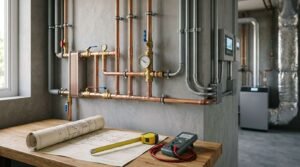 Copper plumbing pipes, heat exchanger, pressure gauges, and metal electrical conduits mounted on a concrete wall above a workbench with blueprints, a digital multimeter, and a tape measure