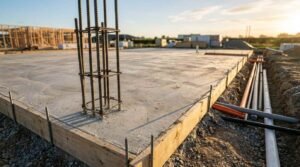 Poured concrete slab foundation with timber formwork, vertical rebar reinforcement cage, and underground utility plumbing pipes at a residential construction site