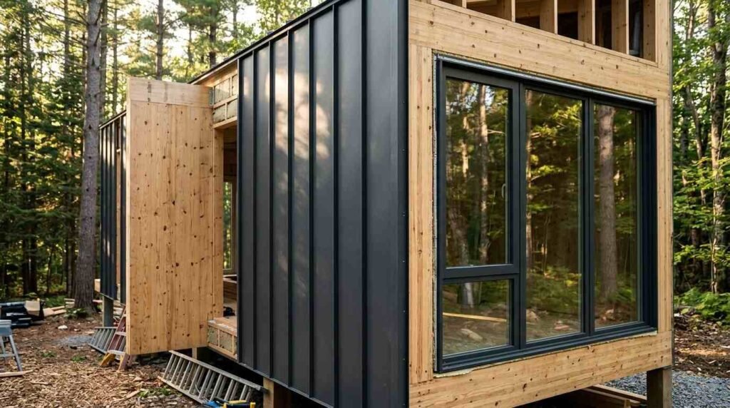 Modern prefabricated timber cabin under construction in a pine forest, featuring black standing-seam metal cladding, large double-glazed windows, and exposed engineered wood framing