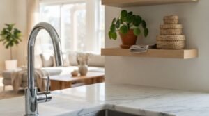 Polished chrome gooseneck pull-down faucet mounted on a white veined marble kitchen counter beside open natural white oak floating shelves holding a potted pilea plant, folded linen, and stacked woven round storage baskets, overlooking a sunlit open-plan living room