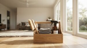 Natural oak wooden cleaning caddy holding a wooden scrub brush, folded grey microfiber cloths, and an amber glass spray bottle of all-purpose cleaner resting on wide-plank light oak hardwood floors in a sunlit modern living room with large patio windows