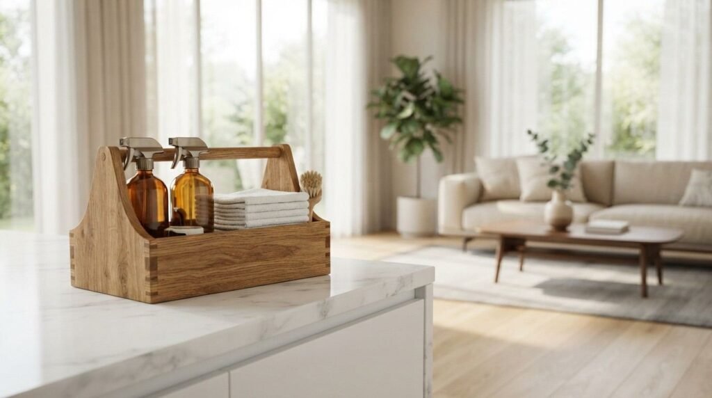 Solid oak cleaning caddy with exposed box joint joinery holding two amber glass spray bottles with brushed metal trigger nozzles, a stack of white folded cleaning cloths, and a wooden scrub brush, resting on a white veined marble kitchen island overlooking a sunlit modern living room with floor-to-ceiling sheer drapery